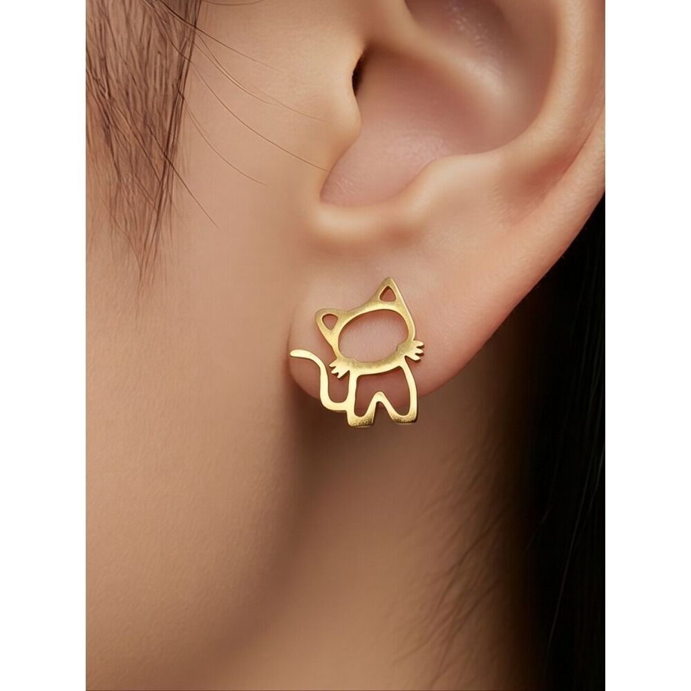 Cat Gold Plated Stainless Steel Earrings Pierced Ears Studs Cat Mom Lady Gift